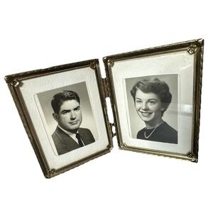 Vintage Portraits In Folding Gold BrassDouble Frame Husband Wife 4" X 3"